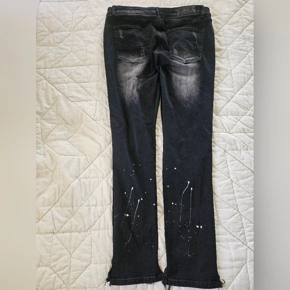 DNA Black Red Rhinestone Patchwork Distressed Jeans - Picture 2 of 9